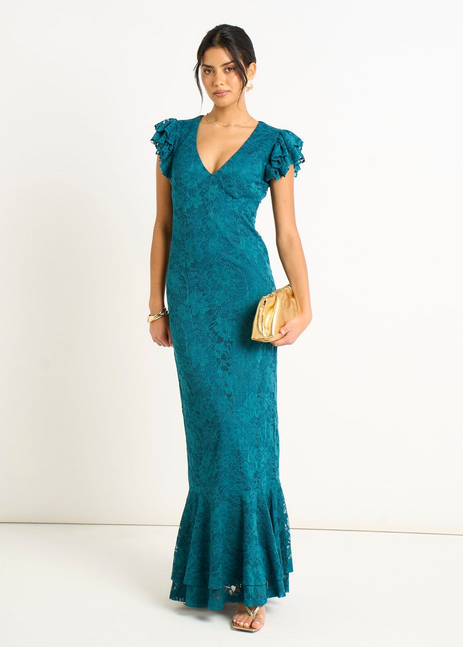 Gini London Teal Jersey Lace V Neck Ruffle Maxi Dress