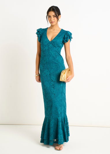 Gini London Teal Jersey Lace V Neck Ruffle Maxi Dress