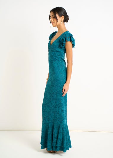 Gini London Teal Jersey Lace V Neck Ruffle Maxi Dress
