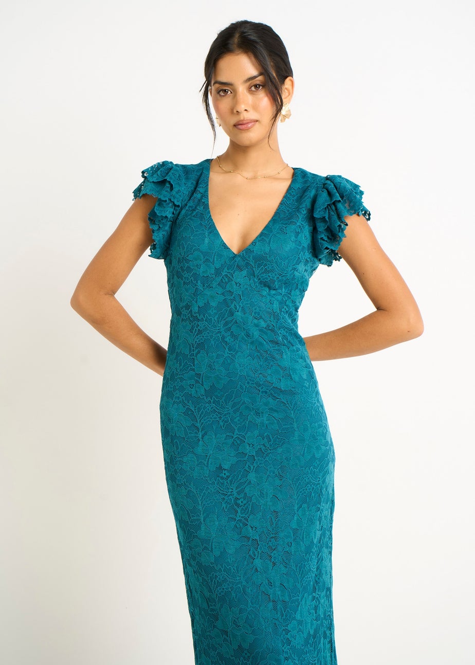 Gini London Teal Jersey Lace V Neck Ruffle Maxi Dress