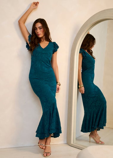 Gini London Teal Jersey Lace V Neck Ruffle Maxi Dress
