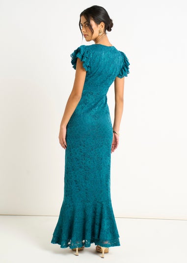 Gini London Teal Jersey Lace V Neck Ruffle Maxi Dress