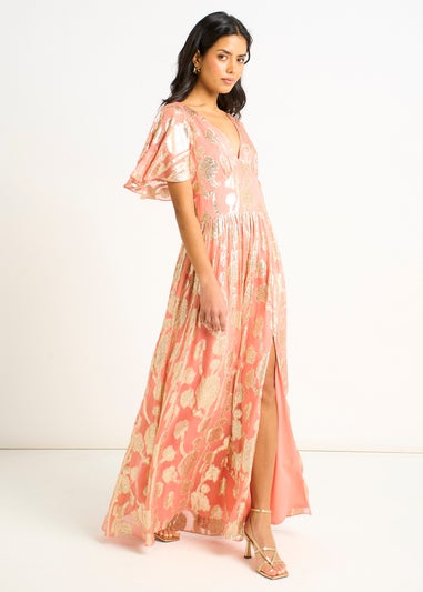 Gini London Pink Metallic Jacquard Flutter Sleeves Floral Maxi Dress