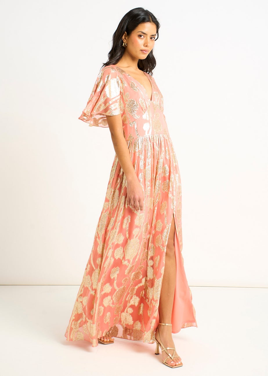 Gini London Pink Metallic Jacquard Flutter Sleeves Floral Maxi Dress