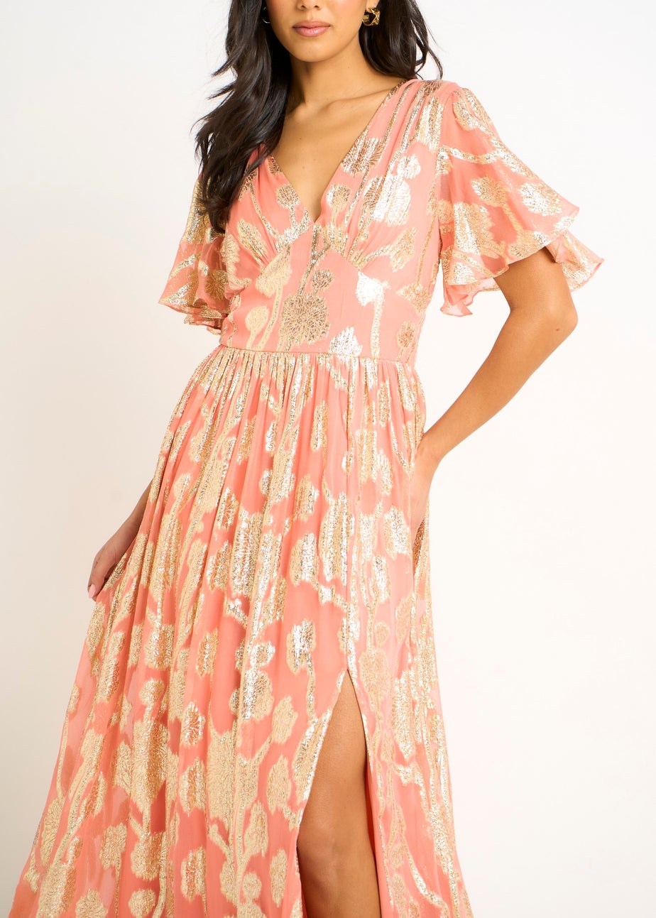 Gini London Pink Metallic Jacquard Flutter Sleeves Floral Maxi Dress