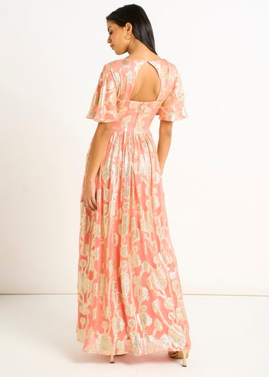 Gini London Pink Metallic Jacquard Flutter Sleeves Floral Maxi Dress