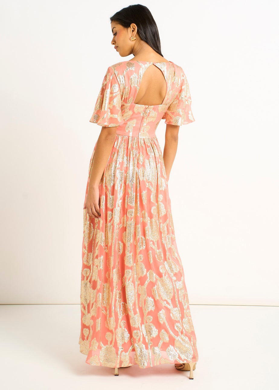 Gini London Pink Metallic Jacquard Flutter Sleeves Floral Maxi Dress