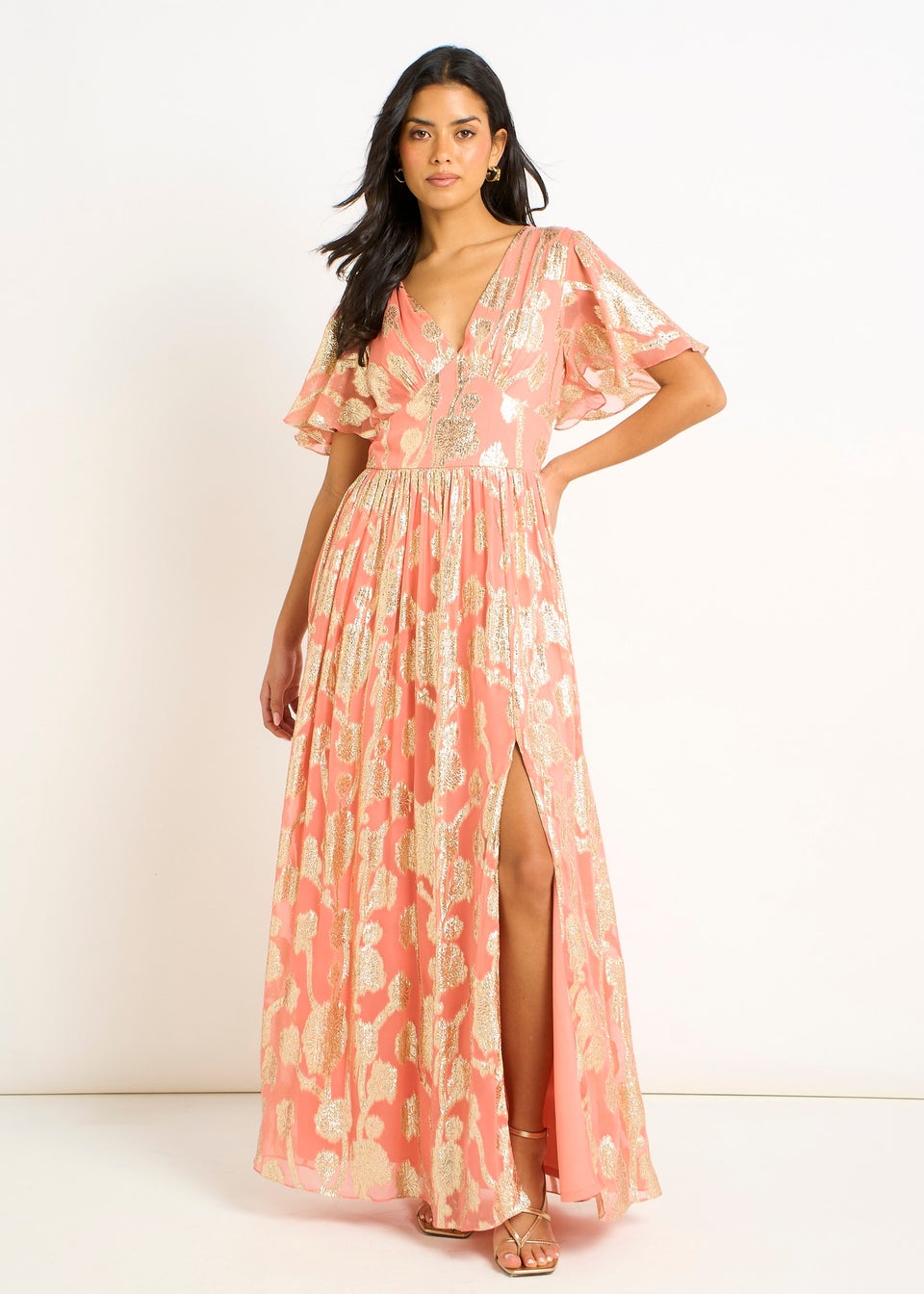 Gini London Pink Metallic Jacquard Flutter Sleeves Floral Maxi Dress