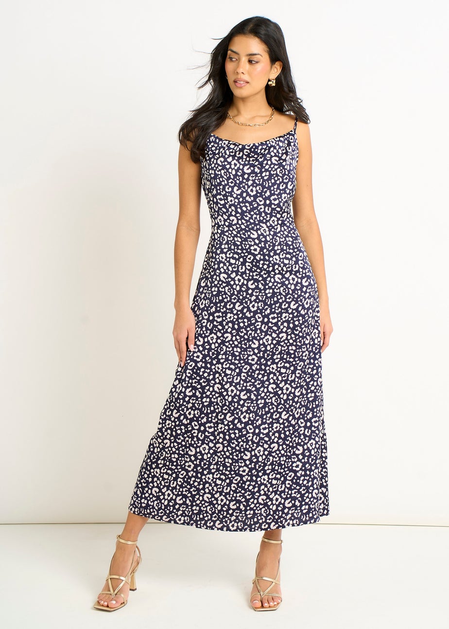 Gini London Navy Animal Print Cowl Midi Dress