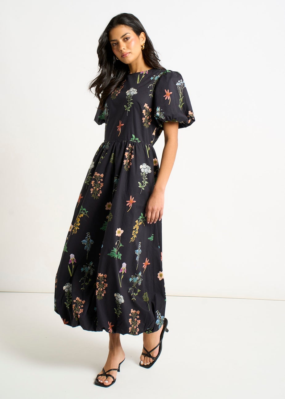 Gini London Navy Cotton Floral Print Puff Ball Midi Dress