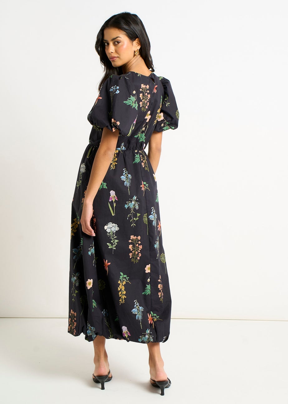 Gini London Navy Cotton Floral Print Puff Ball Midi Dress