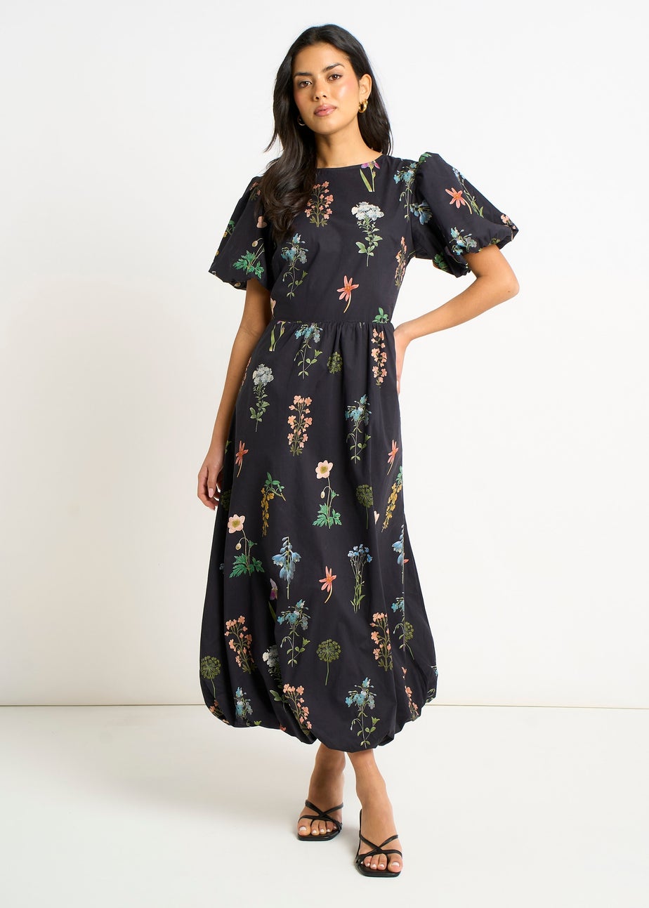 Gini London Navy Cotton Floral Print Puff Ball Midi Dress