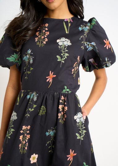 Gini London Navy Cotton Floral Print Puff Ball Midi Dress