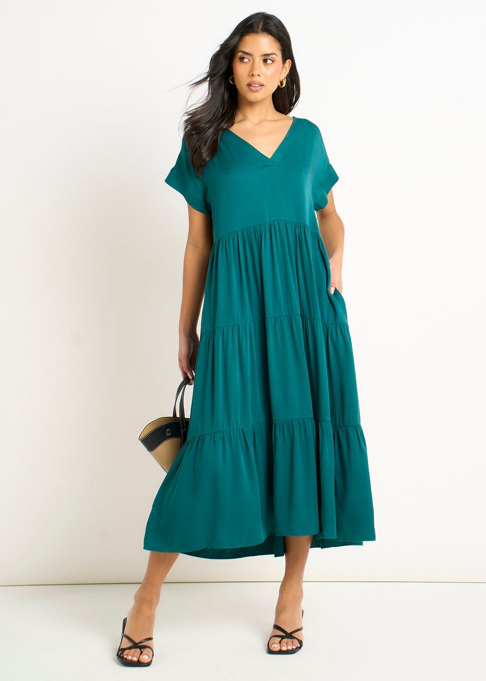 Gini London Green V Neck Pocket Smock Midi Dress