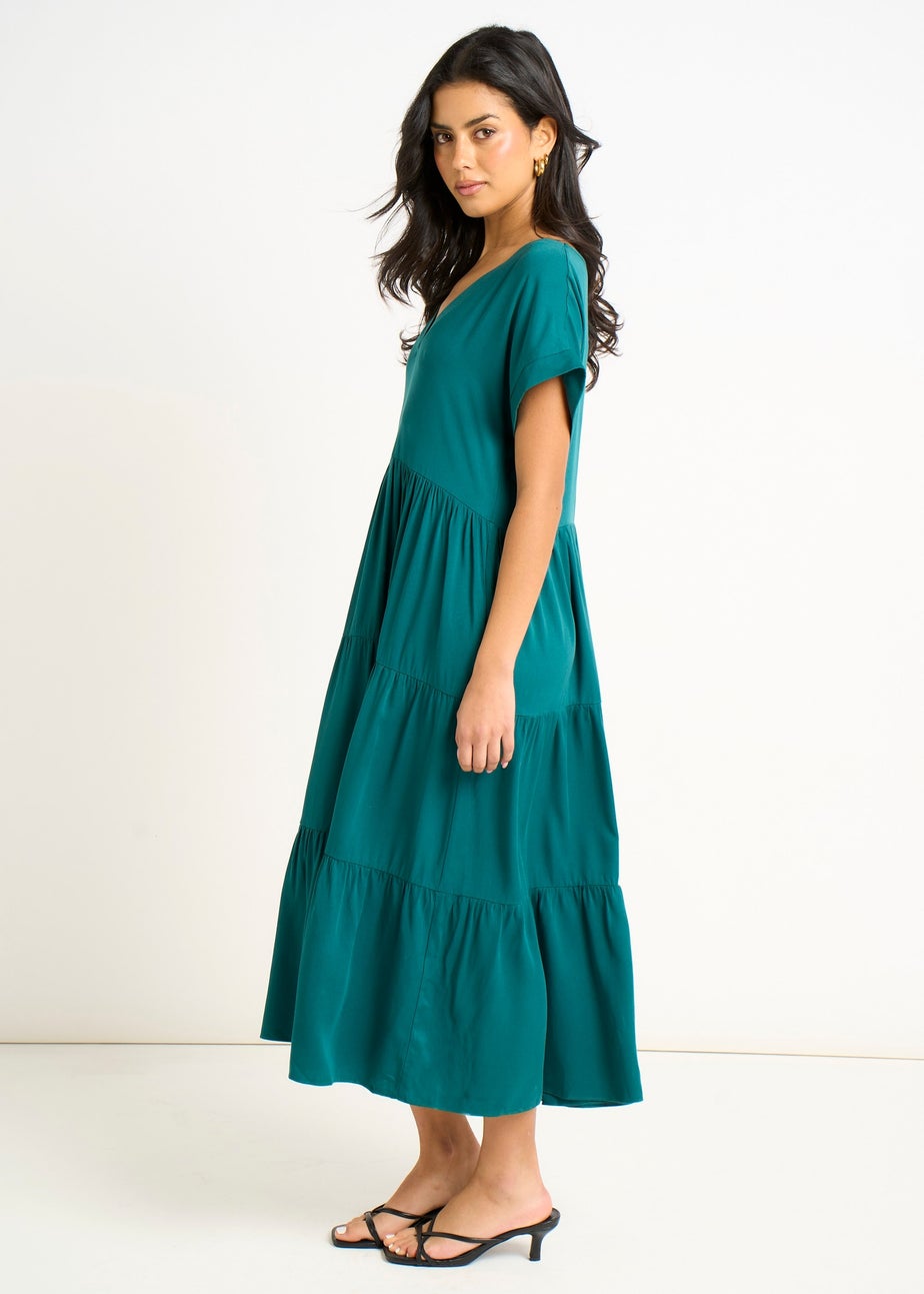 Gini London Green V Neck Pocket Smock Midi Dress