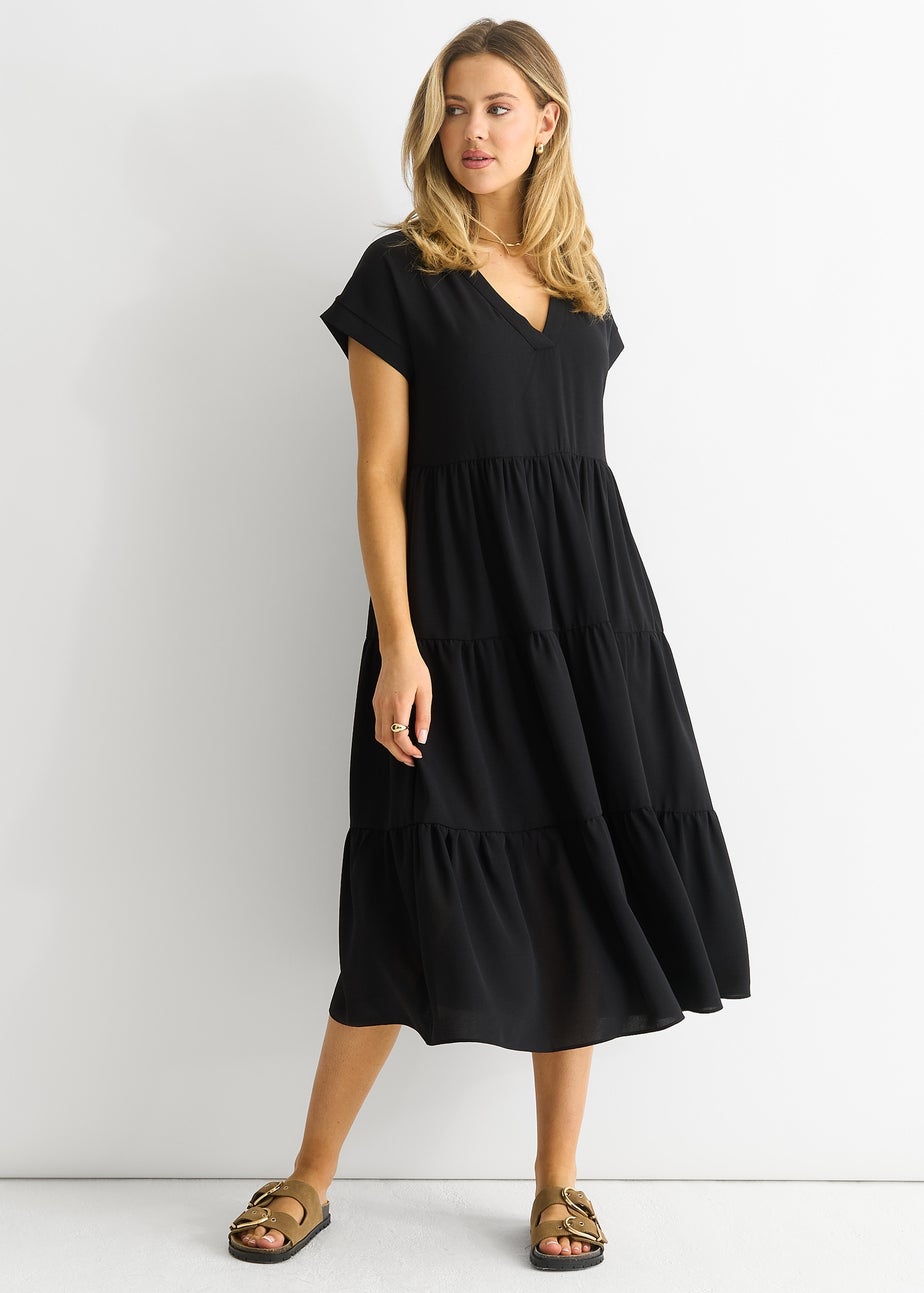 Gini London Black V Neck Pocket Smock Midi Dress
