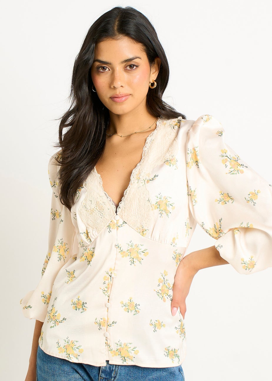 Gini London Cream Lace Trim Satin Button Through Blouse