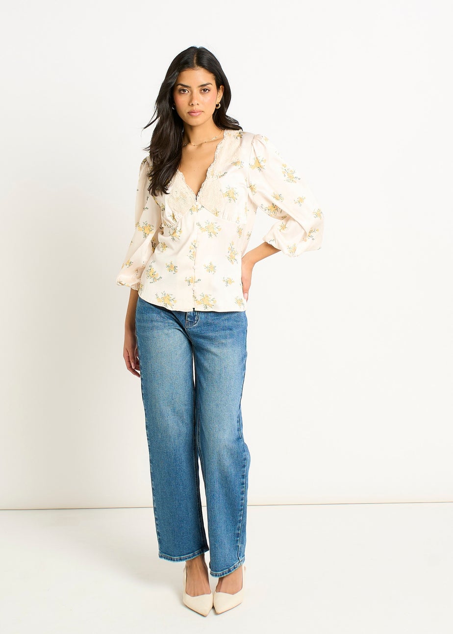 Gini London Cream Lace Trim Satin Button Through Blouse