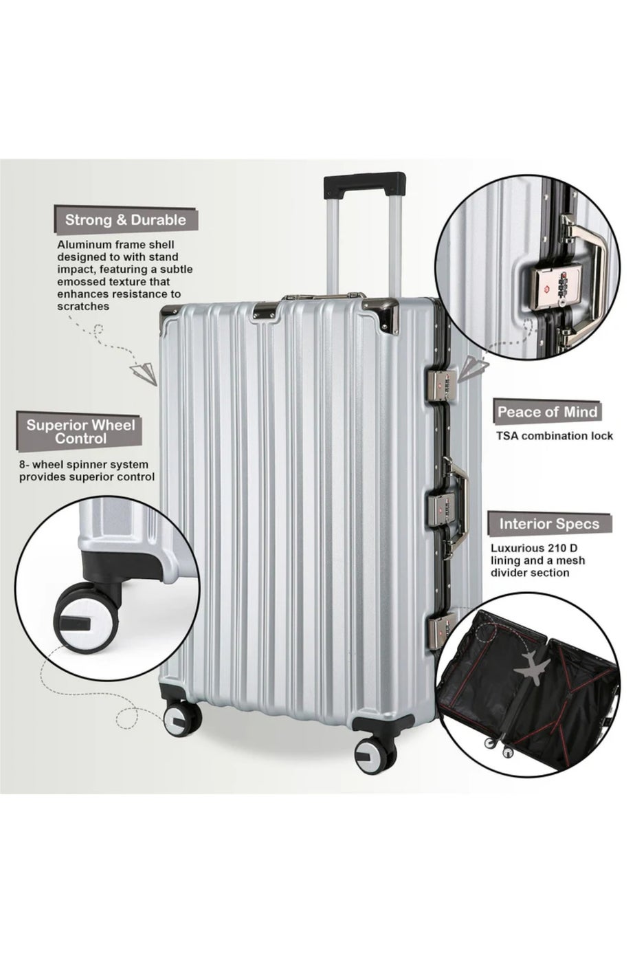 Infinity Luggage Silver Hardshell Robust 8 Wheel Suitcases