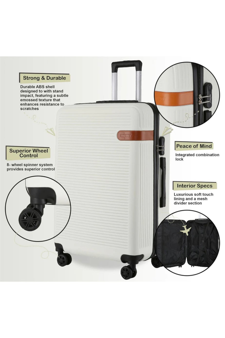 Infinity Luggage Cream Hard Shell Dual 4 Wheel Suitcase
