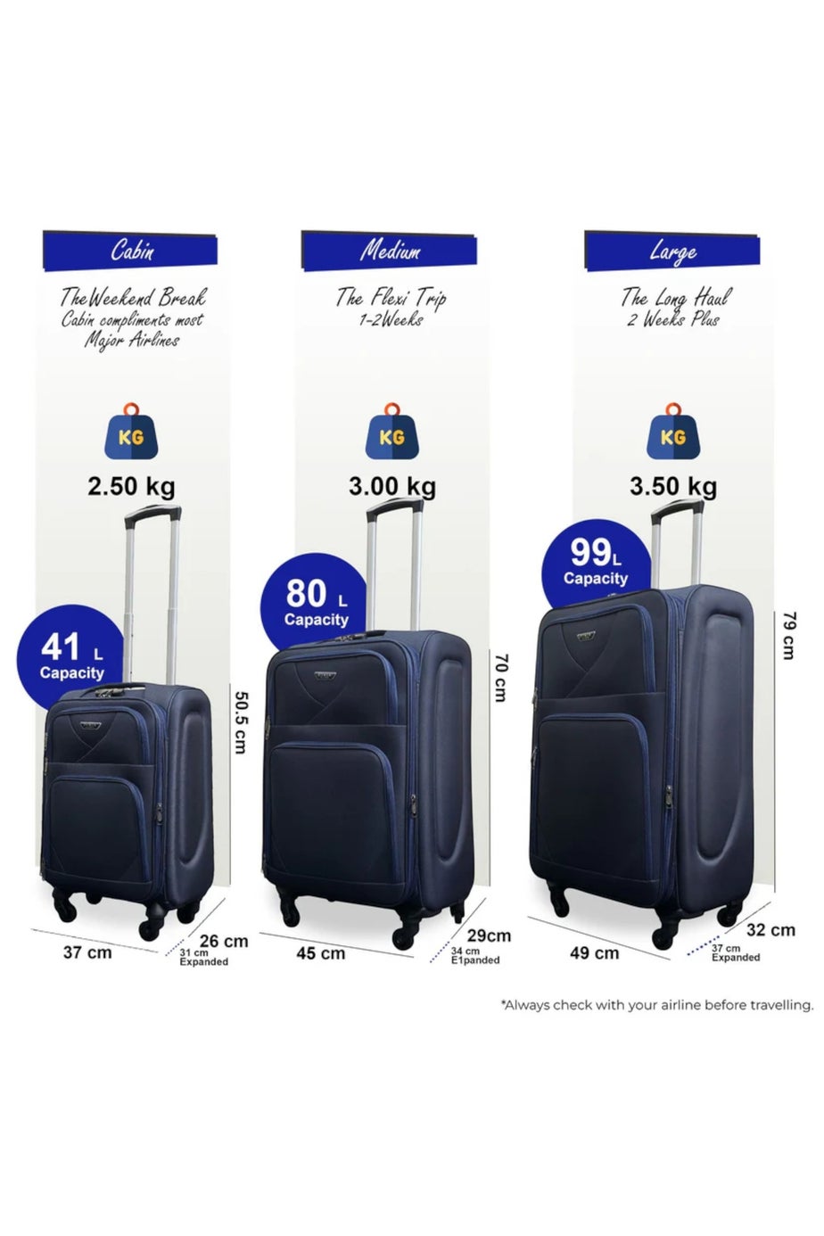 Infinity Luggage Navy Soft Shell Lightweight  Nylon Suitcase