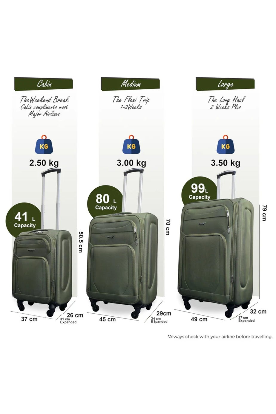 Infinity Luggage Khaki Soft Shell Lightweight  Nylon Suitcase