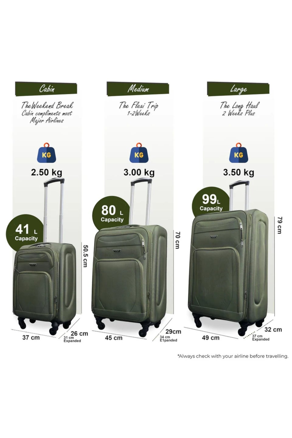 Infinity Luggage Khaki Soft Shell Lightweight  Nylon Suitcase