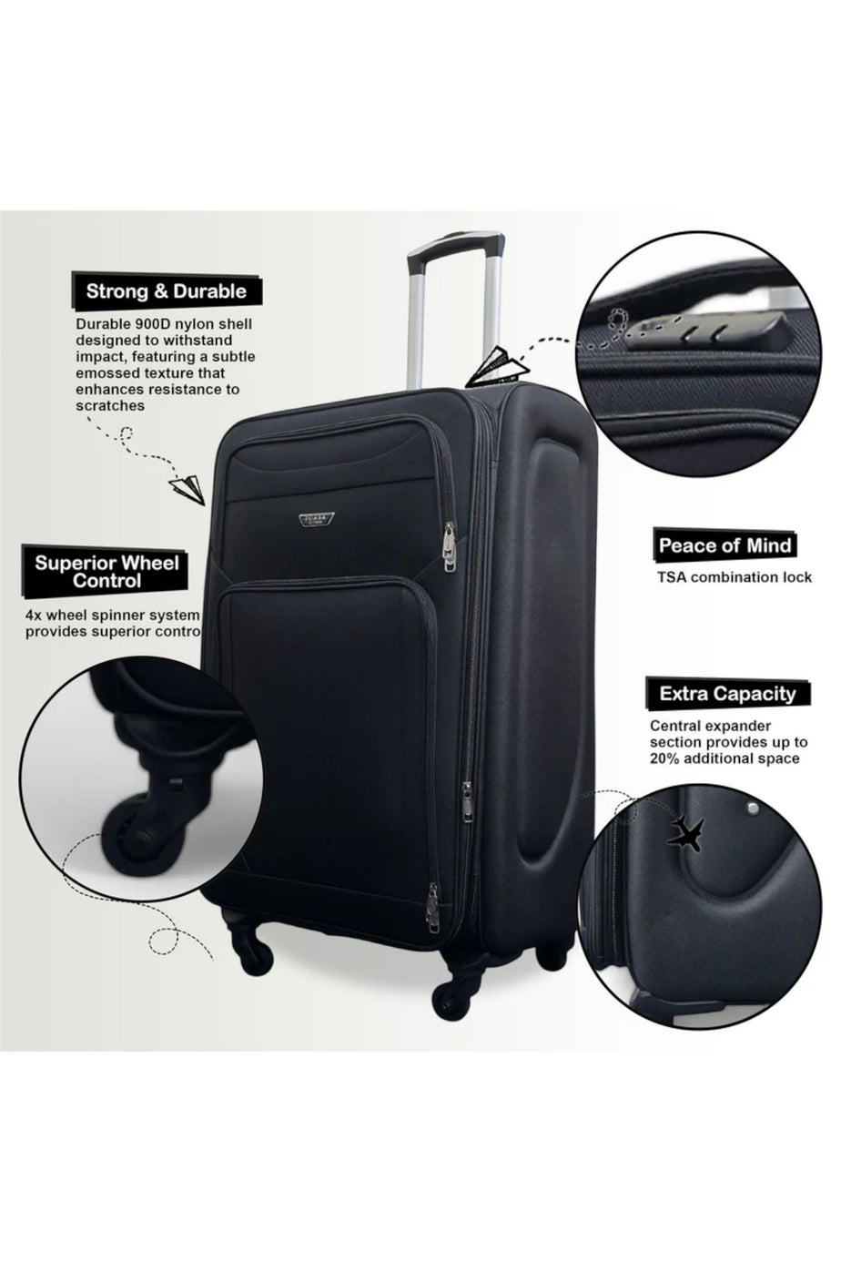 Infinity Luggage Black Soft Shell Lightweight Underseat Nylon Suitcase