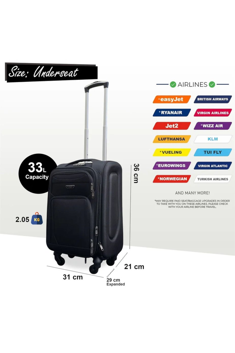 Infinity Luggage Black Soft Shell Lightweight Underseat Nylon Suitcase