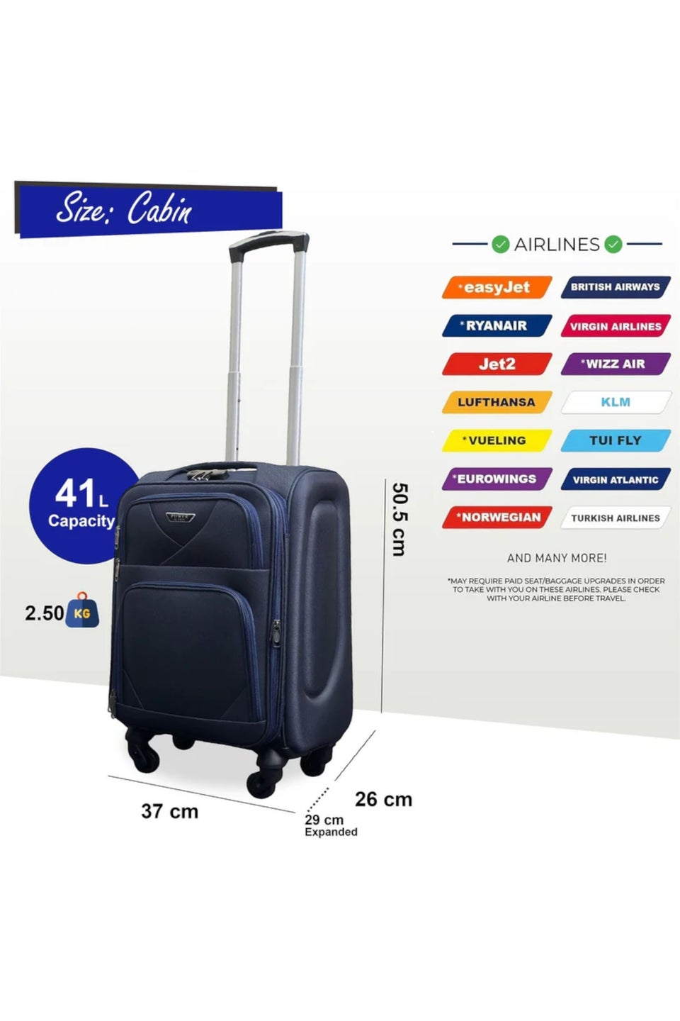 Infinity Luggage Navy Expandable Soft Shell Cabin Suitcase