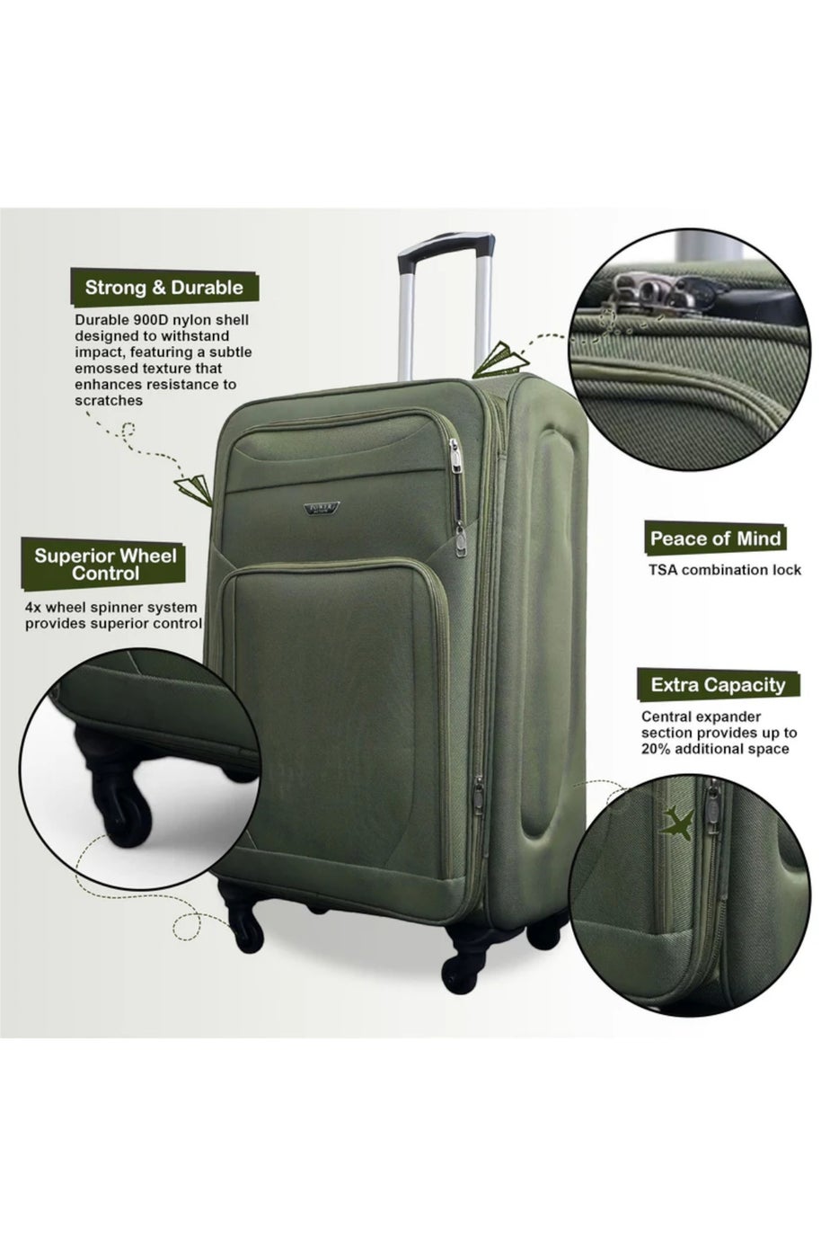 Infinity Luggage Khaki Soft Shell Lightweight  Nylon Suitcase Set