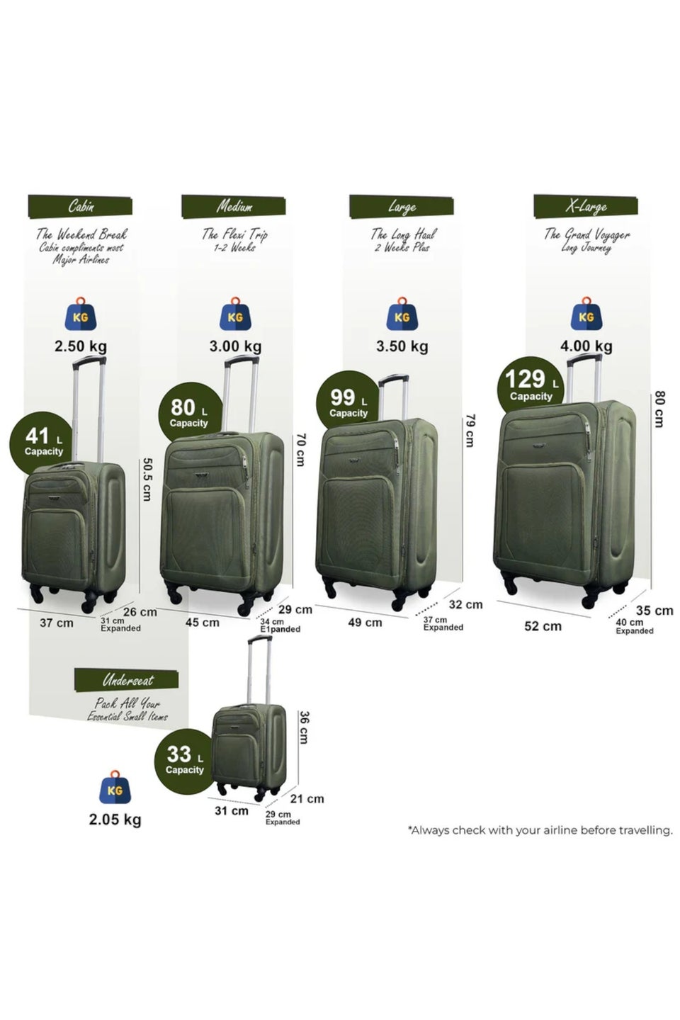Infinity Luggage Khaki Soft Shell Lightweight  Nylon Suitcase Set