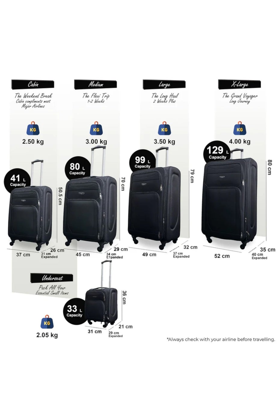 Infinity Luggage Black Soft Shell Lightweight  Nylon Suitcase Set