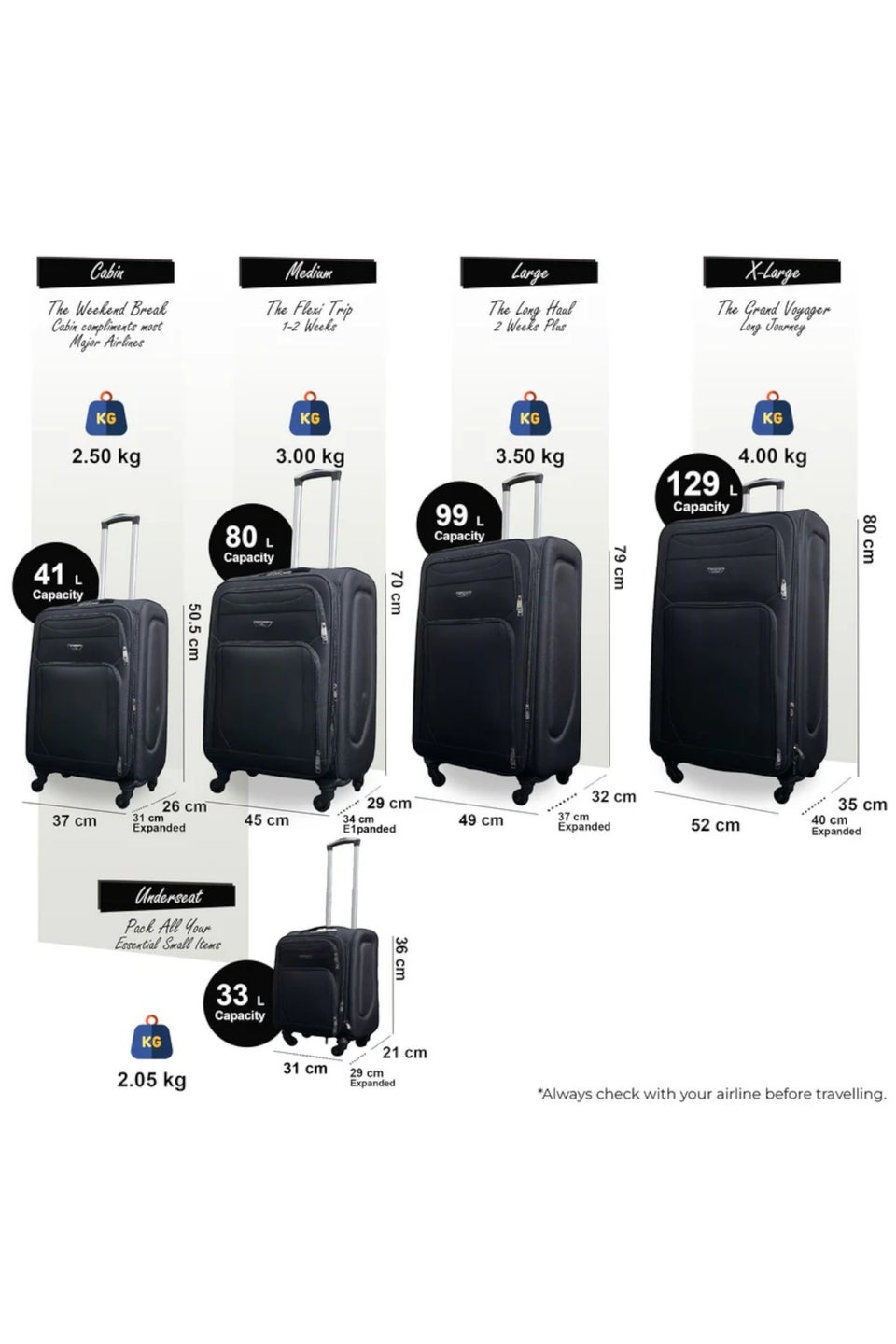 Infinity Luggage Black Soft Shell Lightweight  Nylon Suitcase Set