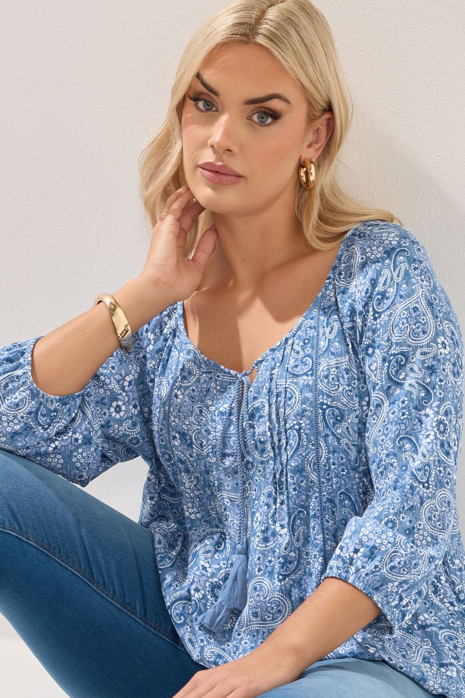 Yours Curve Blue Paisley Print Sequin Tie Neck Top