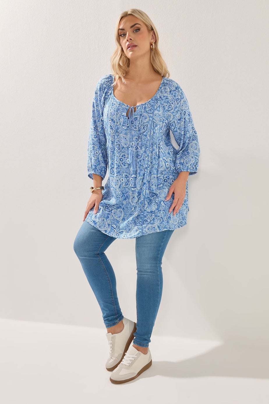 Yours Curve Blue Paisley Print Sequin Tie Neck Top