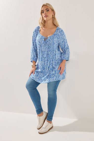 Yours Curve Blue Paisley Print Sequin Tie Neck Top