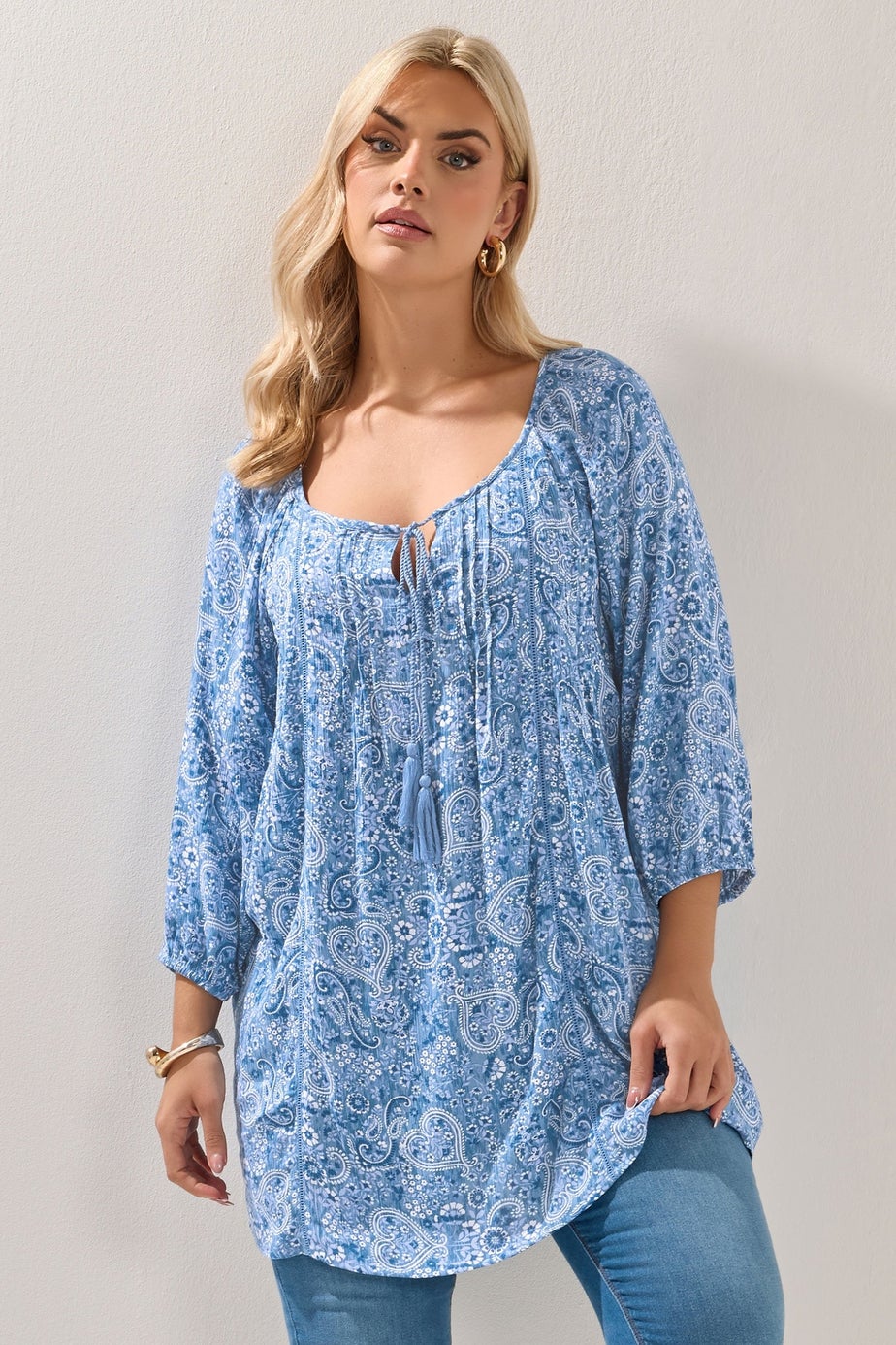 Yours Curve Blue Paisley Print Sequin Tie Neck Top