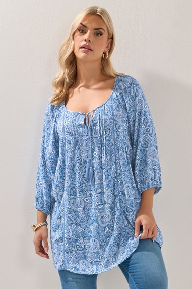 Yours Curve Blue Paisley Print Sequin Tie Neck Top
