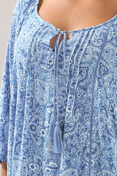 Yours Curve Blue Paisley Print Sequin Tie Neck Top