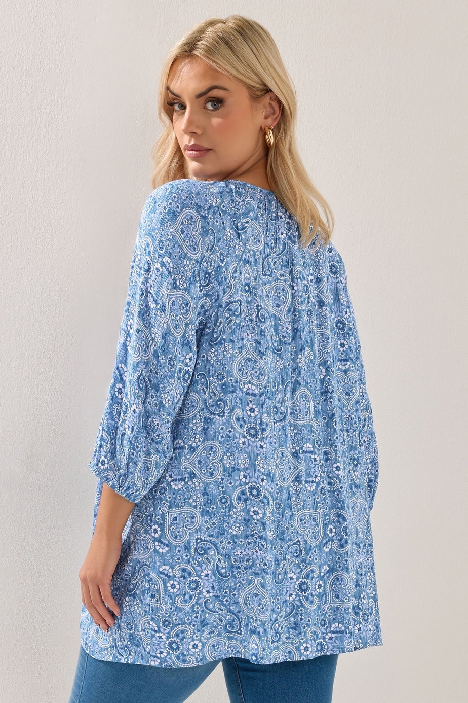 Yours Curve Blue Paisley Print Sequin Tie Neck Top