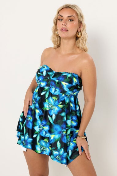 Yours Curve Black Tropical Floral Hanky Hem Tankini Top