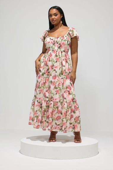 Yours Curve White Floral Tiered Smock Dress