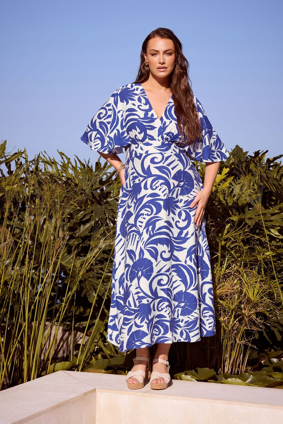 Yours London Curve Blue Floral Linen Look Wrap Dress
