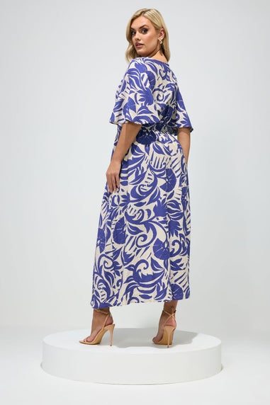 Yours London Curve Blue Floral Linen Look Wrap Dress