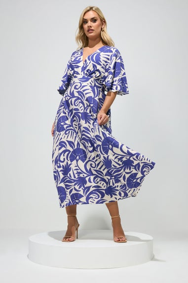 Yours London Curve Blue Floral Linen Look Wrap Dress