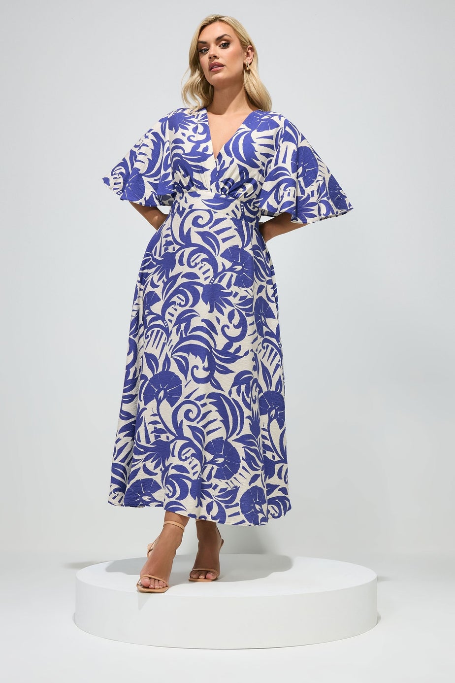 Yours London Curve Blue Floral Linen Look Wrap Dress
