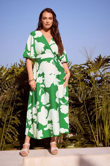 Yours London Curve Green Floral Linen Look Wrap Dress