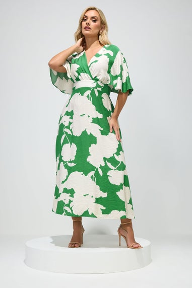 Yours London Curve Green Floral Linen Look Wrap Dress