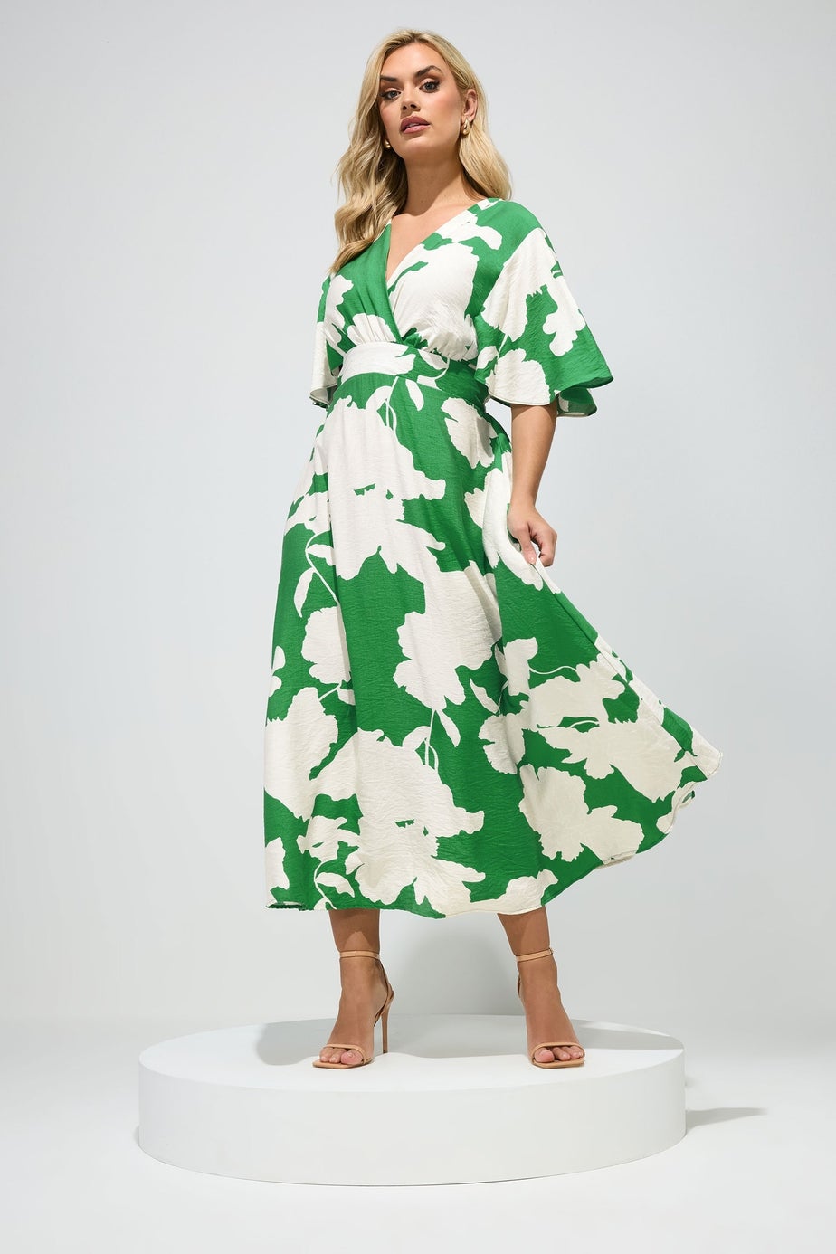 Yours London Curve Green Floral Linen Look Wrap Dress